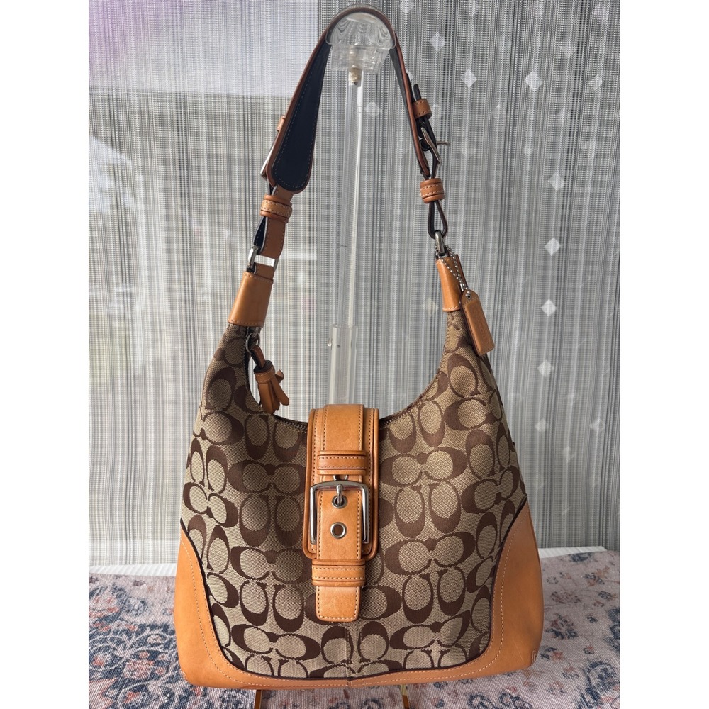 Coach Soho Signature Jacquard Canvas Hobo Bag Tan Leather Trim 10602